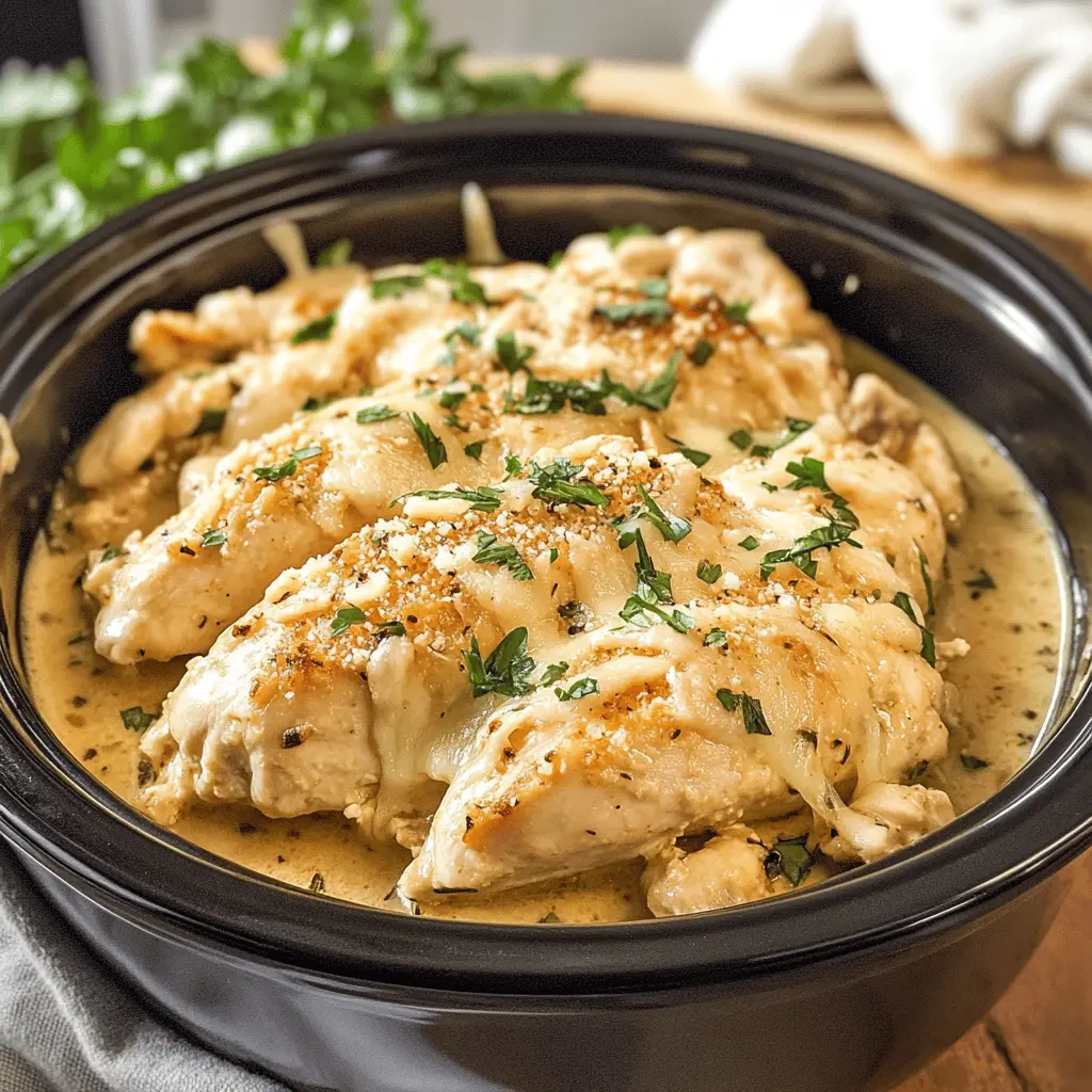 Looking for a simple yet delicious meal? Try this 4 Ingredient Crockpot Garlic Parm Chicken recipe! With tender chicken smothered in rich garlic and Parmesan flavors, it's perfect for busy weeknights. Just toss everything in your slow cooker and let it do the work. Save this recipe for your next family dinner or cozy night in!