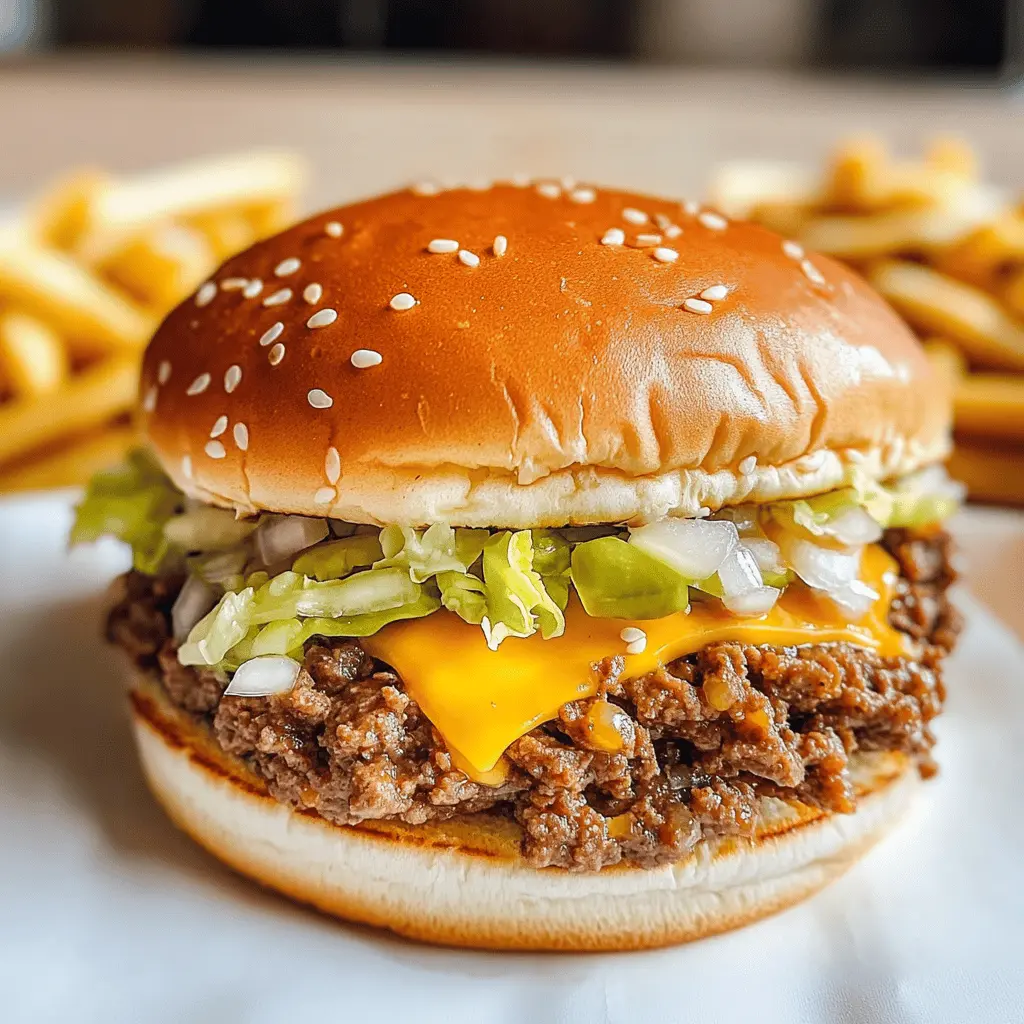 Get ready for a fun twist on a classic favorite with these Big Mac Sloppy Joes! Perfectly seasoned ground beef, topped with cheese, pickles, and a special sauce, all served on a toasted bun. Ideal for family dinners or game day gatherings, this dish brings the iconic Big Mac flavors to the table. Save this recipe for an easy and delicious meal!