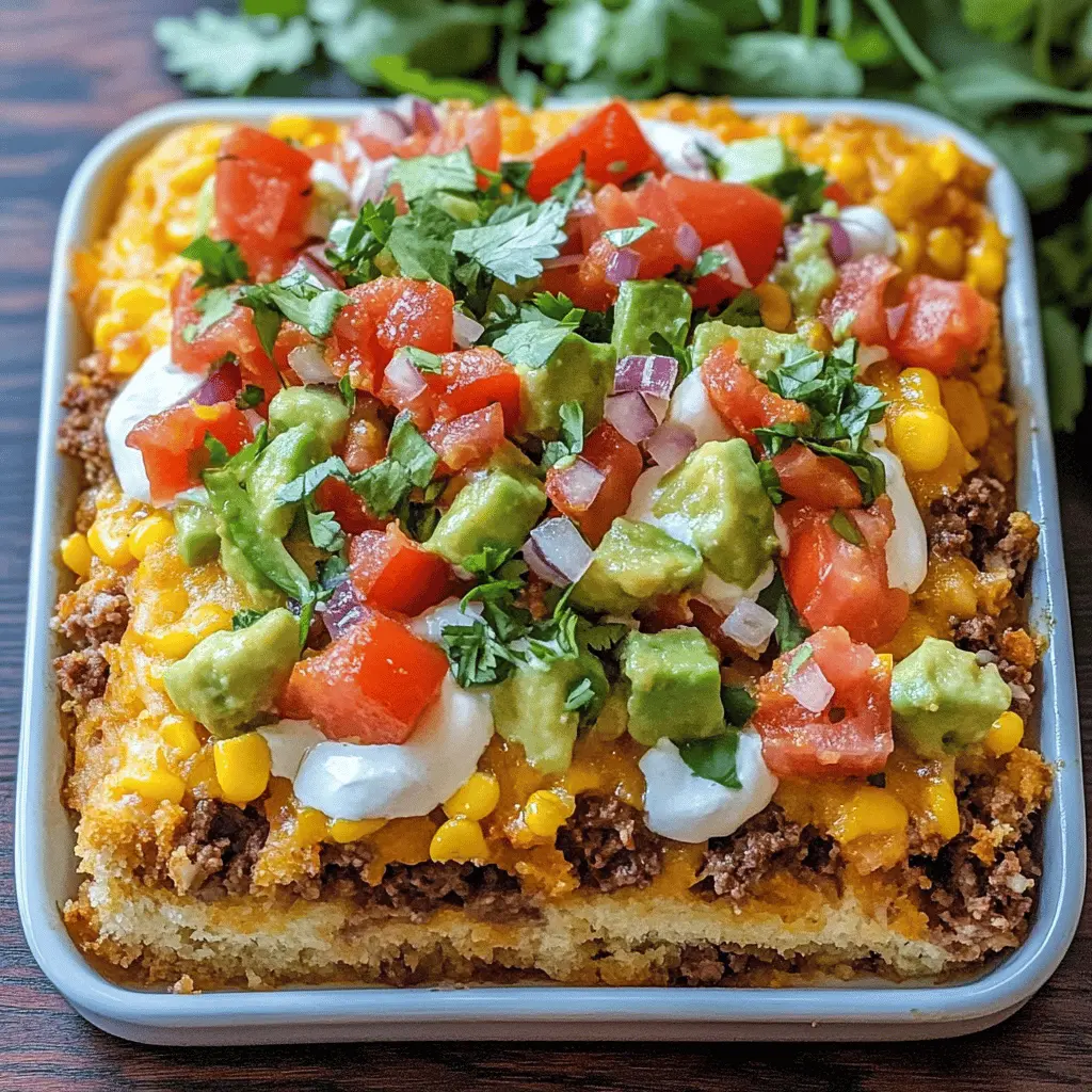 This Cornbread Taco Bake is a fun twist on taco night! Bursting with zesty flavors from seasoned ground beef, fresh veggies, and a cheesy cornbread topping, it's perfect for family gatherings or a cozy weeknight dinner. Save this recipe to bring some Tex-Mex goodness to your table! Ideal for potlucks and casual get-togethers.