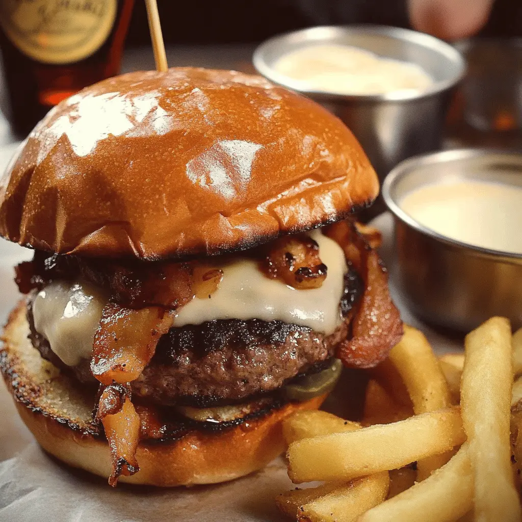 Get ready to enjoy a taste of Ireland with this mouthwatering Irish Pub Burger! Packed with flavorful beef, topped with aged cheddar cheese, and served on a toasted bun, this burger is perfect for any gathering or casual dinner. Save this recipe to impress your friends and family with a delightful twist on a classic favorite! Perfect for game nights or backyard BBQs!