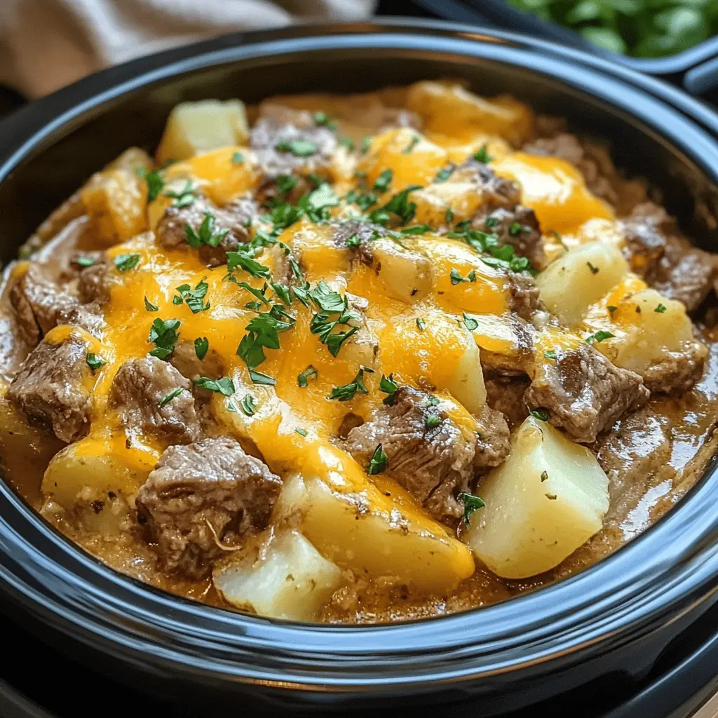 Easy Slow Cooker Steak and Cheddar Potato Casserole