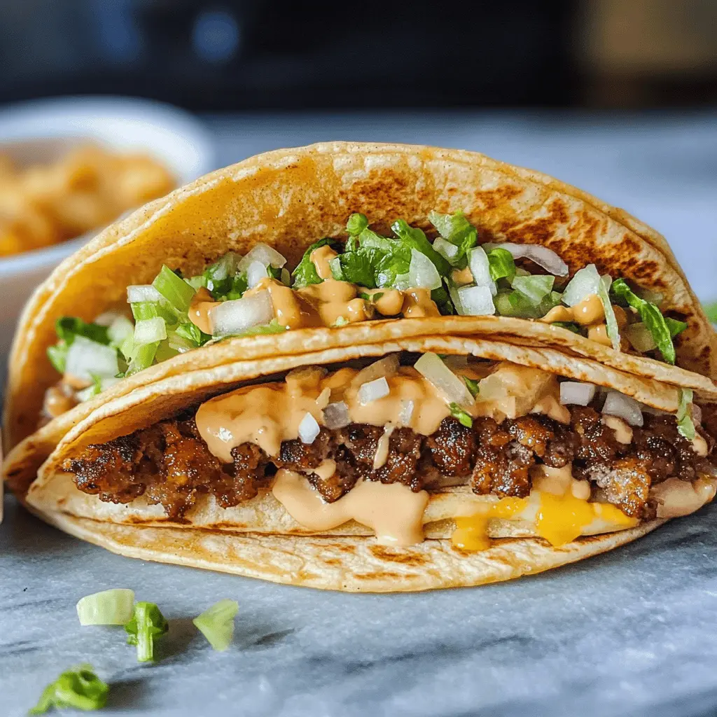 These Smash Burger Tacos combine the best of both worlds for a mouthwatering meal! Enjoy savory beef patties topped with melted cheese, fresh lettuce, and zesty pickles all wrapped up in warm tortillas. Perfect for Taco Tuesday or any casual gathering. Save this recipe for an easy dinner that your family will love!