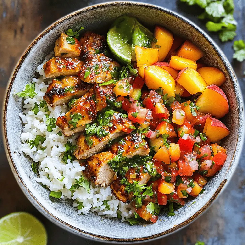Easy Cilantro Lime Chicken Bowls with Peach Salsa and Rice