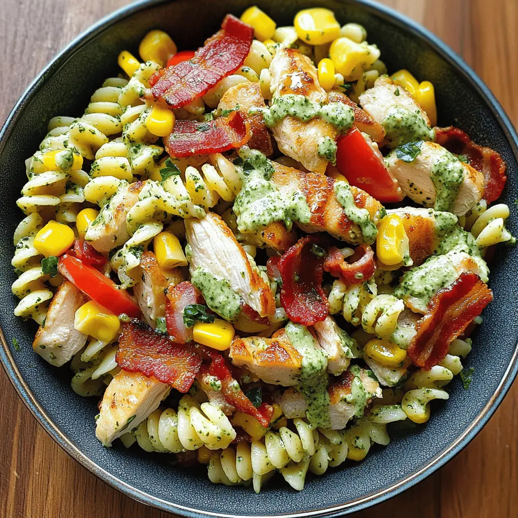 Easy Chicken Corn Pasta Salad with Bacon and Creamy Pesto