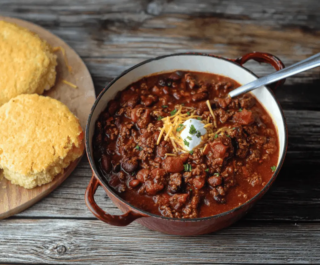 Hearty 30-Minute Chili in a bowl with beans, ground beef, and spices ready to serve