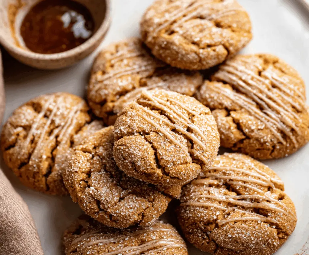 Delicious homemade apple butter cookies on a white plate with a golden-brown crust and a soft, chewy texture, perfect for fall desserts.