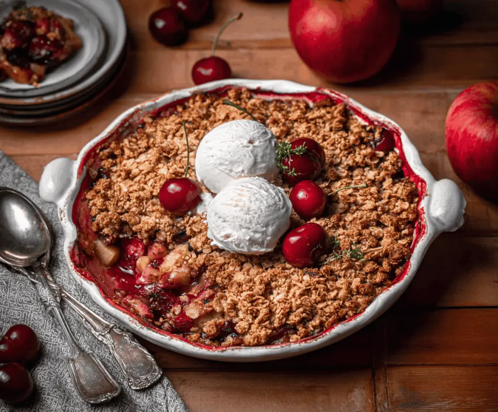 Delicious homemade Apple Cherry Crisp topped with golden, crispy oat topping, served in a white bowl with fresh apple and cherry ingredients in the background.