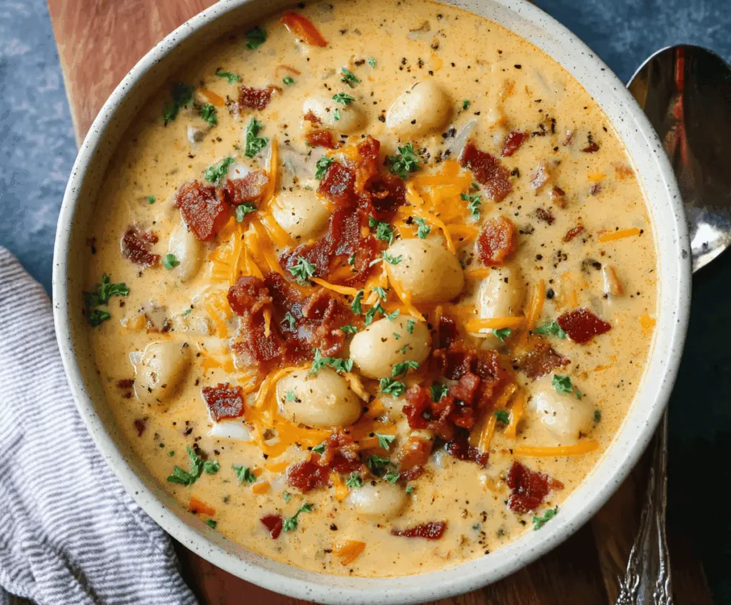 Creamy Bacon Cheddar Gnocchi Soup in a bowl with crispy bacon, melted cheddar cheese, and tender gnocchi, garnished with fresh herbs.
