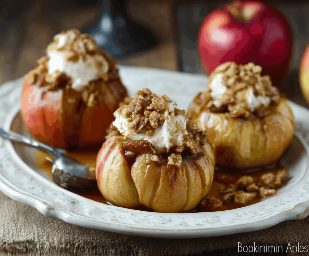 Delicious baked Bloomin’ Apples with caramel drizzle and powdered sugar, served on a white plate, perfect for dessert or fall celebrations.