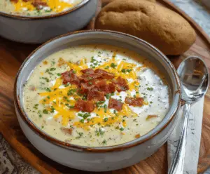 Creamy baked potato soup served in a bowl with shredded cheese and green onions on top, perfect for a cozy meal