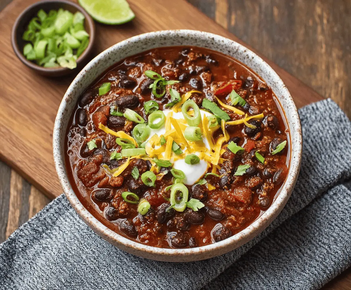 Spicy black bean chili topped with fresh cilantro and sour cream in a rustic bowl, served with cornbread on the side.