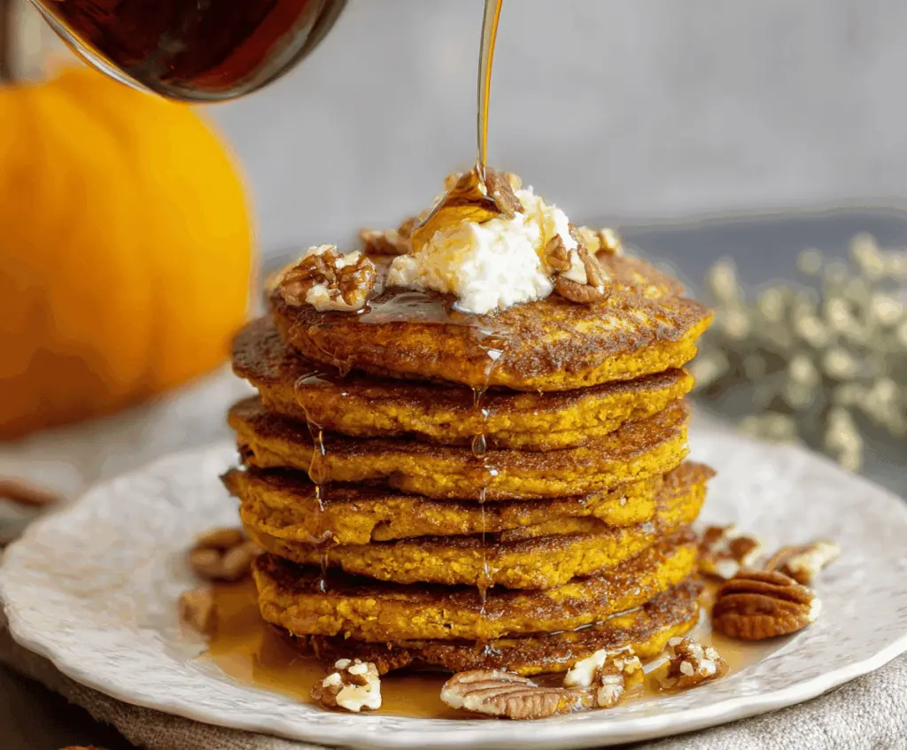 Creamy blender pumpkin pancakes served on a plate, topped with syrup and fresh fruit, perfect for a fall breakfast