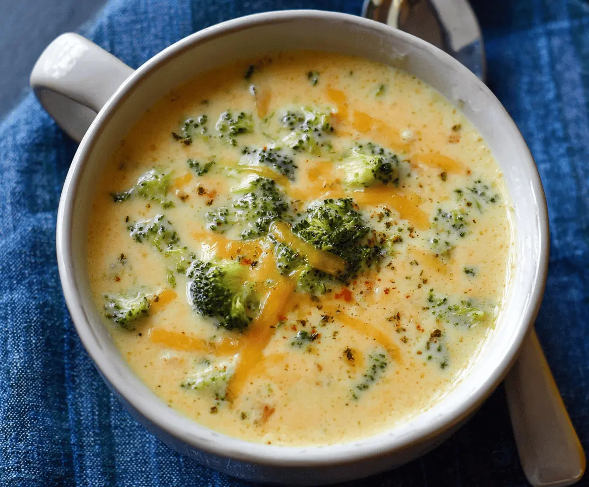 Creamy broccoli cheese soup served in a bowl with fresh broccoli florets and melted cheese, perfect for a comforting meal.