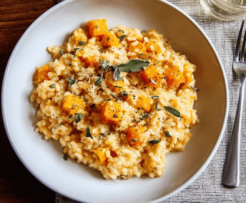 Creamy butternut squash risotto garnished with fresh herbs served in a white bowl on a rustic wooden table.