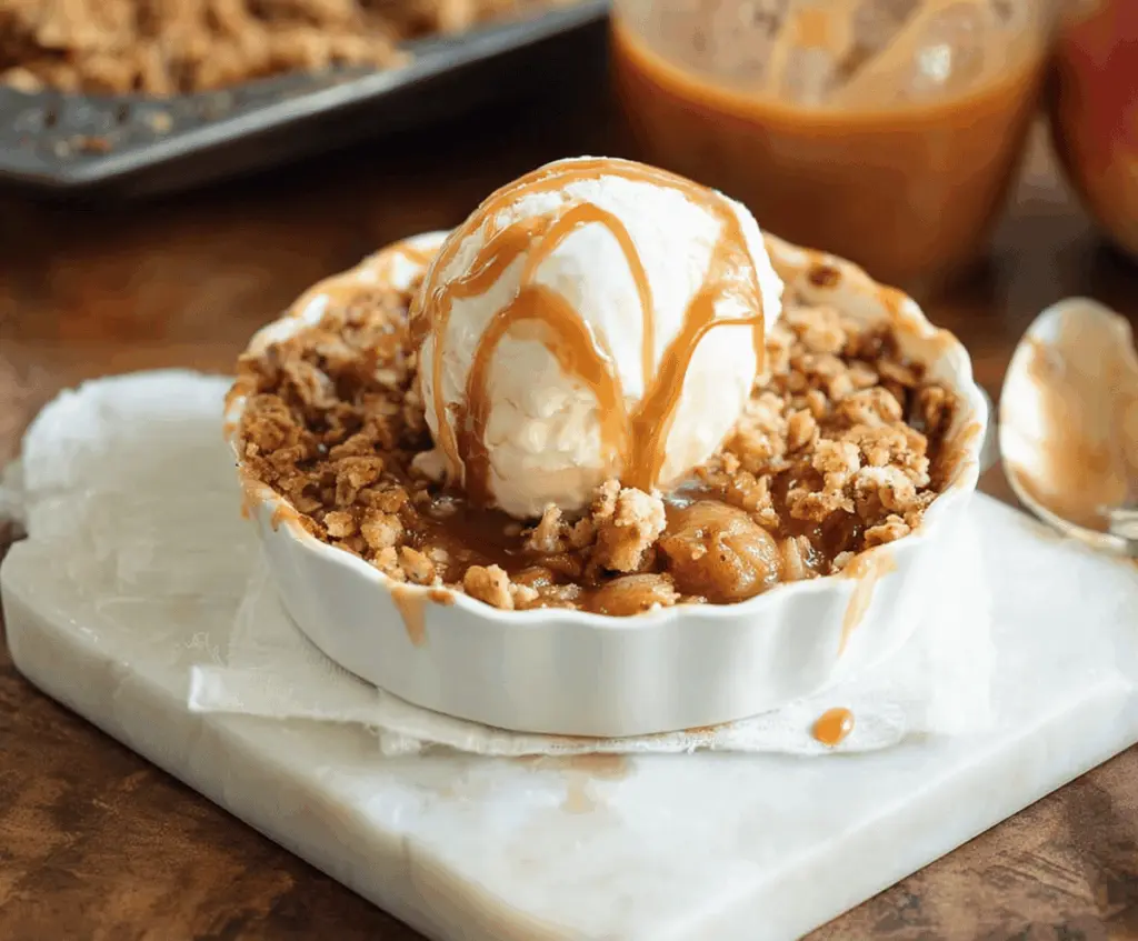 Delicious caramel apple crisp topped with golden brown crumble and drizzled with caramel sauce, ready to serve as a warm dessert.