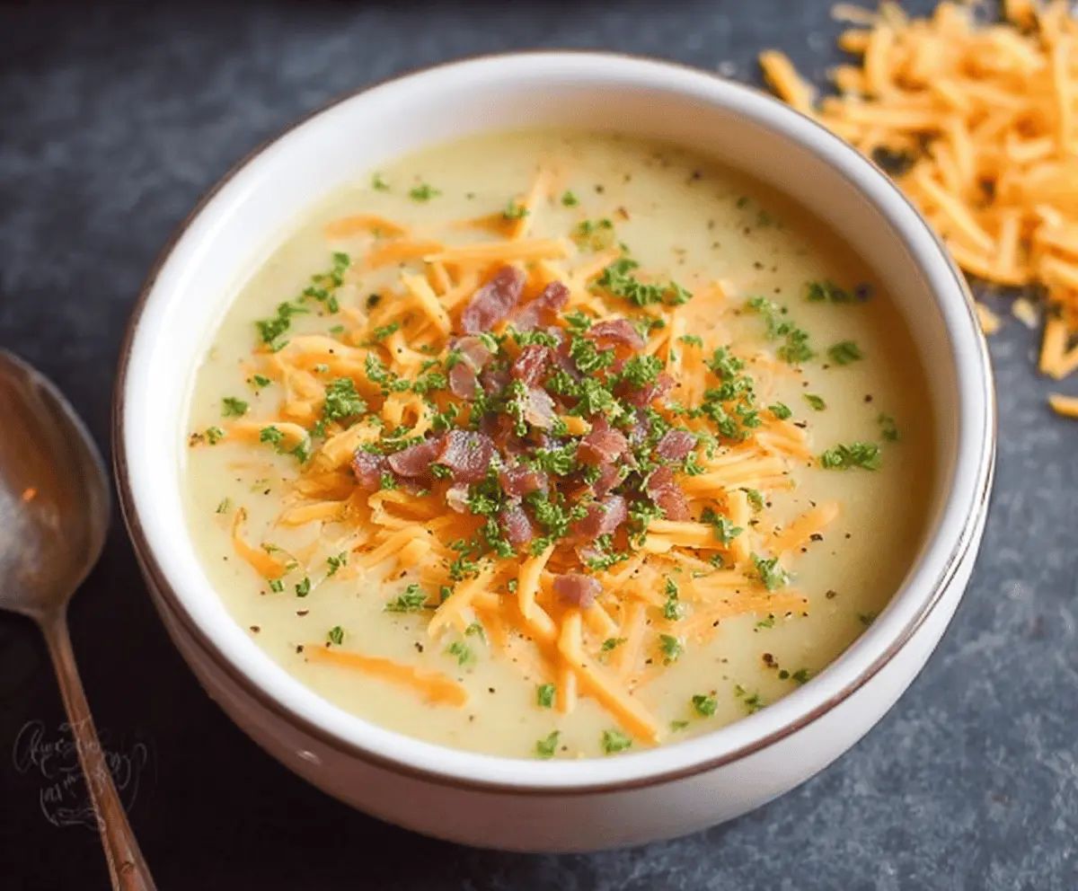 Creamy cheddar potato soup topped with shredded cheese and fresh herbs in a rustic bowl, perfect for a comforting meal.