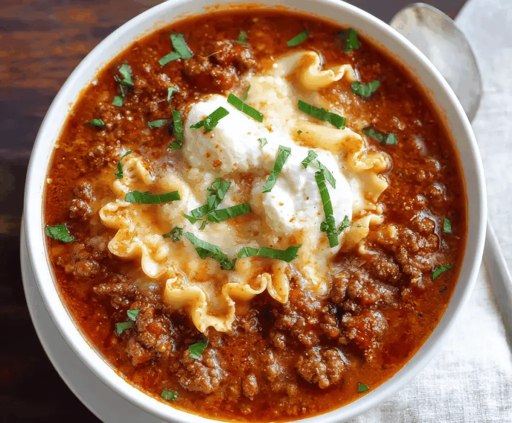 Creamy cheesy ground beef lasagna soup with melted cheese, pasta, and savory beef served in a bowl