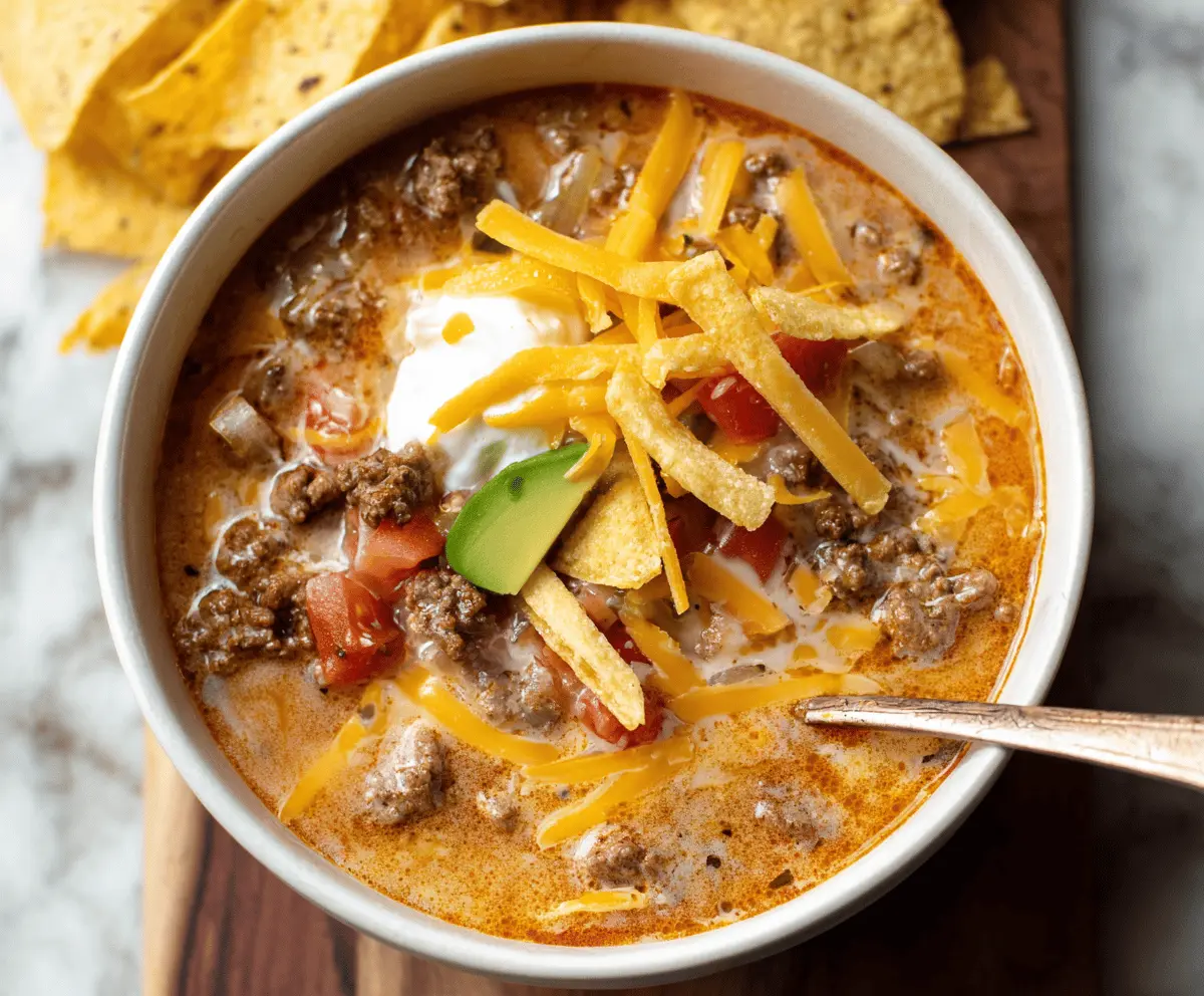 A bowl of cheesy ground beef taco soup topped with shredded cheese, fresh cilantro, and tortilla chips, showcasing a flavorful and hearty Tex-Mex dish.