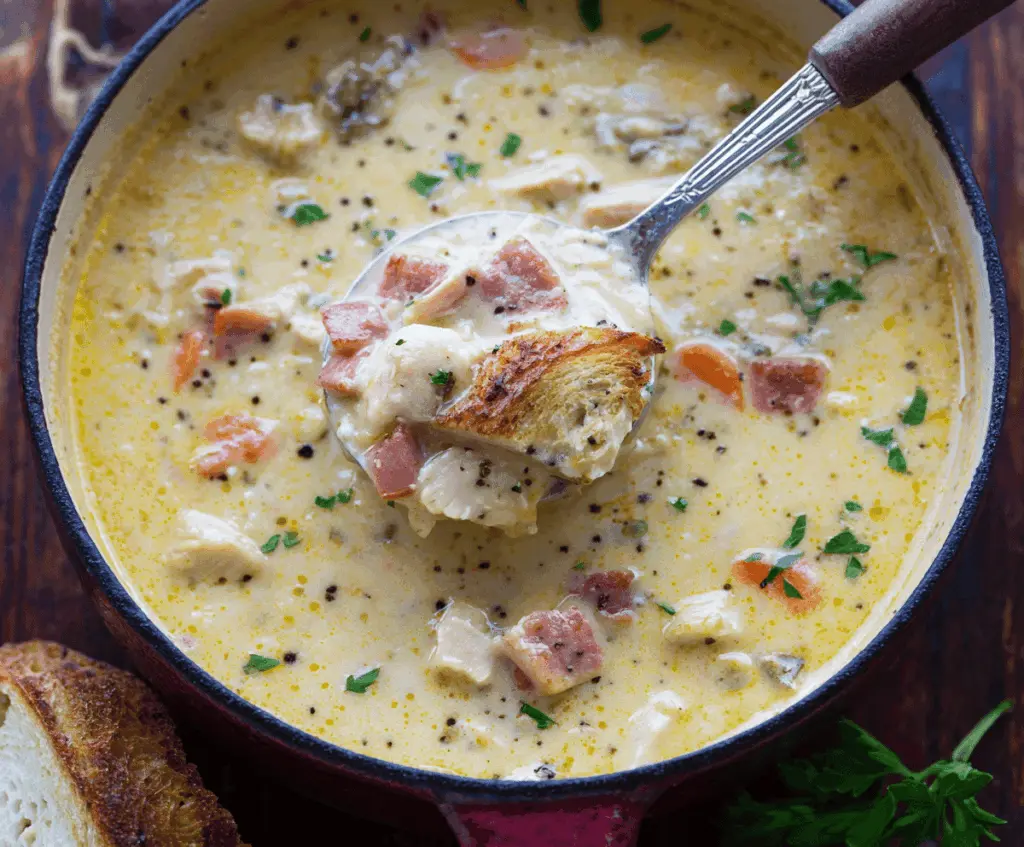 Creamy Chicken Cordon Bleu Soup with ham, cheese, and herbs in a bowl, perfect for a comforting meal