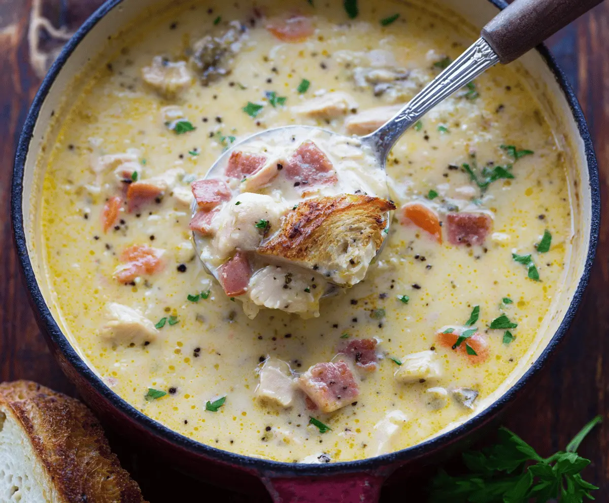 Creamy Chicken Cordon Bleu Soup with ham, cheese, and herbs in a bowl, perfect for a comforting meal