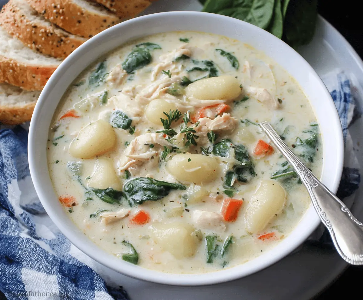 Creamy chicken gnocchi soup with tender chicken pieces, soft gnocchi, spinach, and carrots in a savory broth