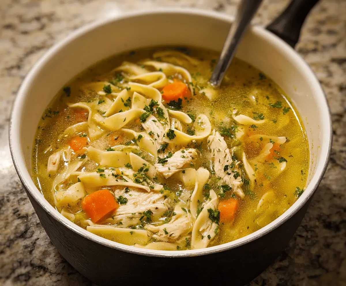 A steaming bowl of homemade chicken noodle soup with tender chicken, carrots, celery, and egg noodles garnished with fresh herbs.