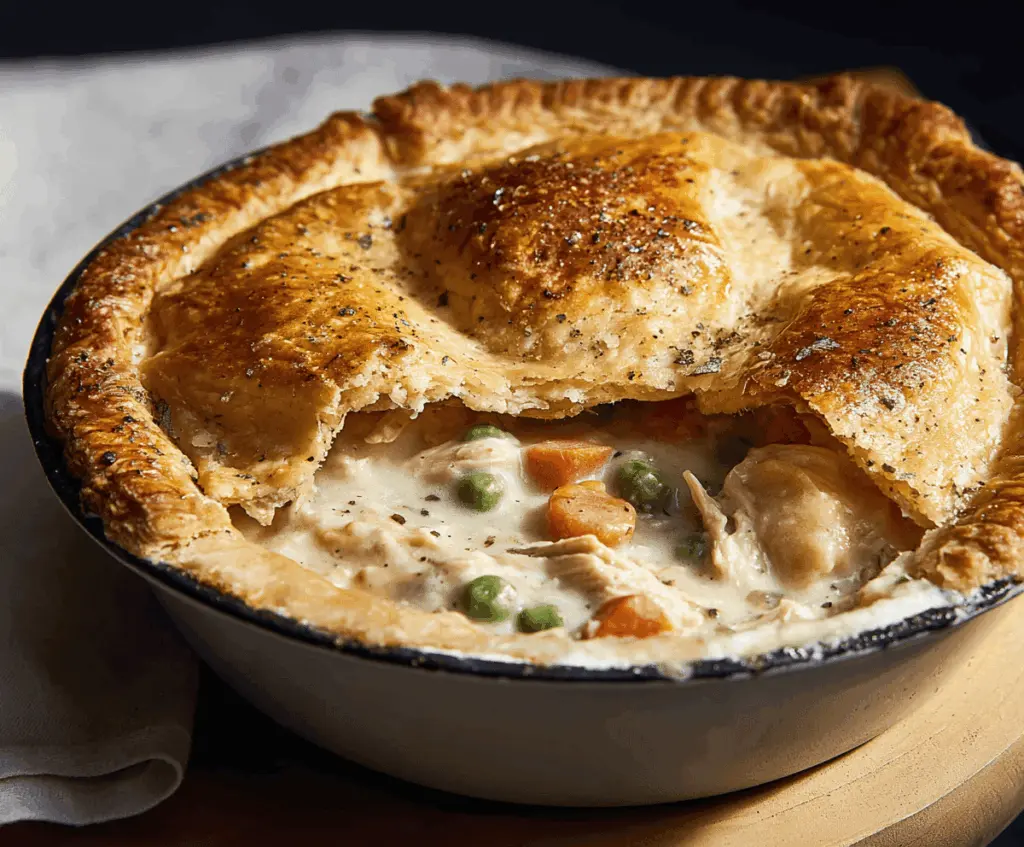 Golden-brown chicken pot pie topped with flaky crust and steaming filling of tender chicken, vegetables, and creamy sauce.