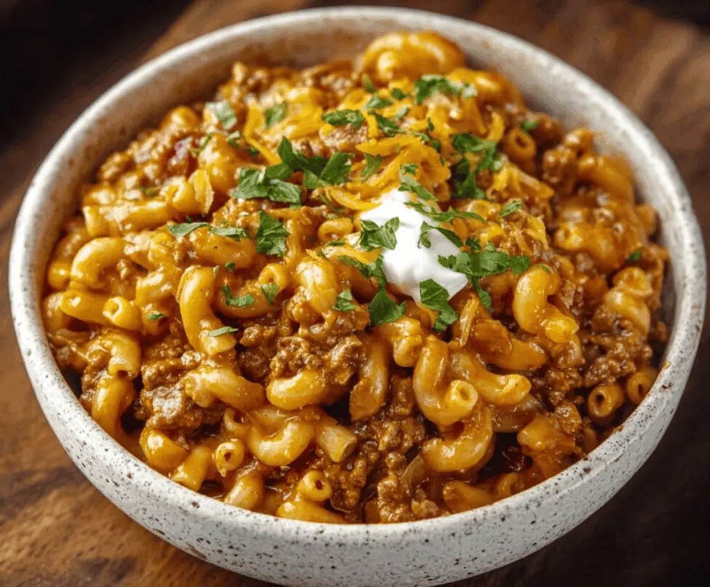 Creamy chili mac and cheese served in a bowl topped with chopped green onions and shredded cheese, perfect for a hearty comfort meal.