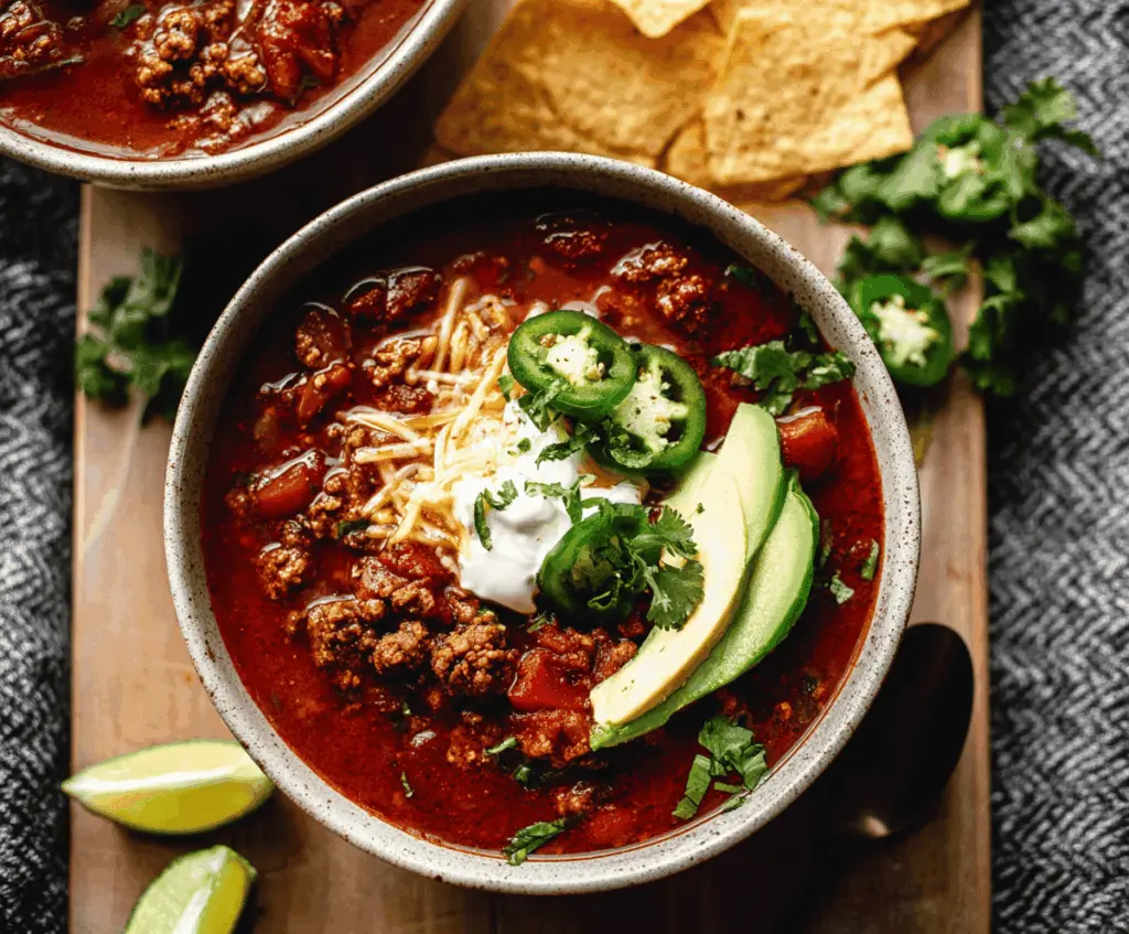 Spicy chorizo chili in a bowl garnished with fresh herbs, served with crusty bread on a rustic table