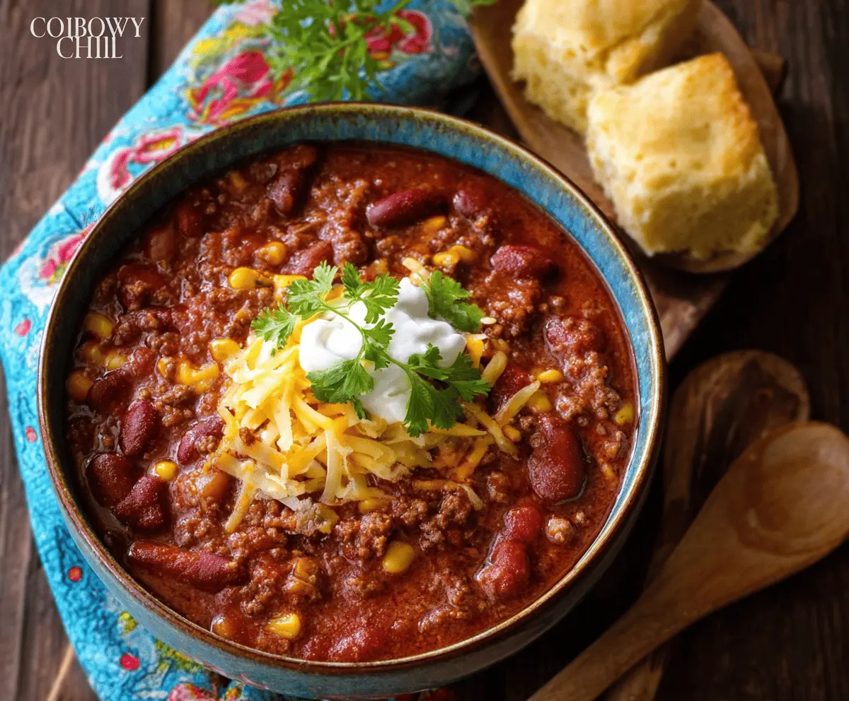Hearty Cowboy Chili in a rustic bowl topped with shredded cheese, sour cream, and fresh herbs, perfect for a comforting meal