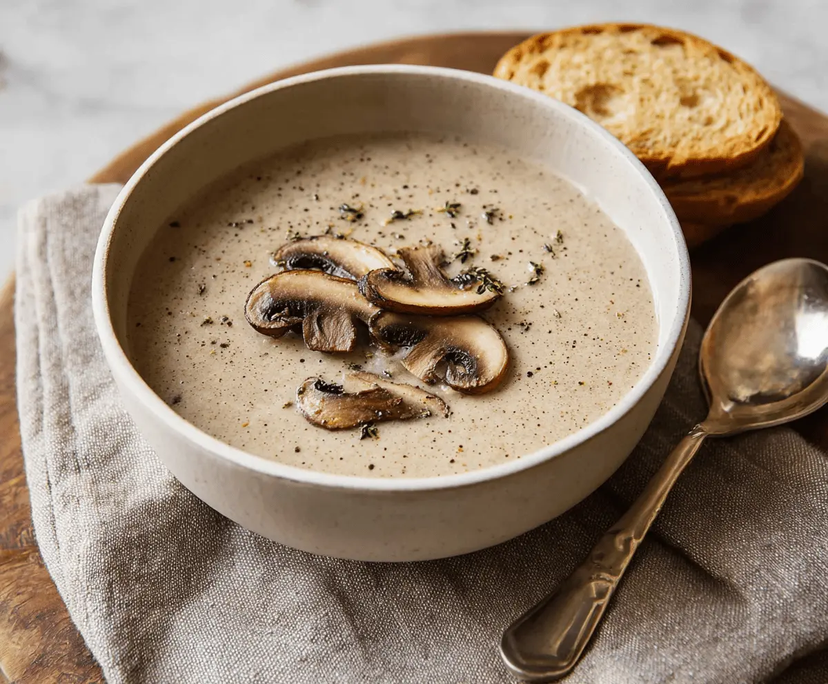Cream of Mushroom Soup in a bowl topped with fresh herbs, served with bread on a rustic wooden table.