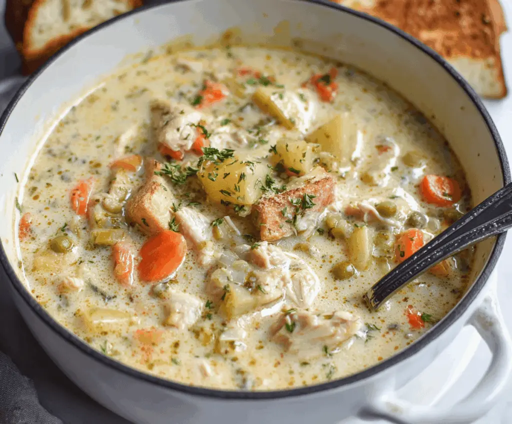 Creamy Chicken Maryland Soup featuring tender chicken, fresh vegetables, and rich, smooth broth in a bowl