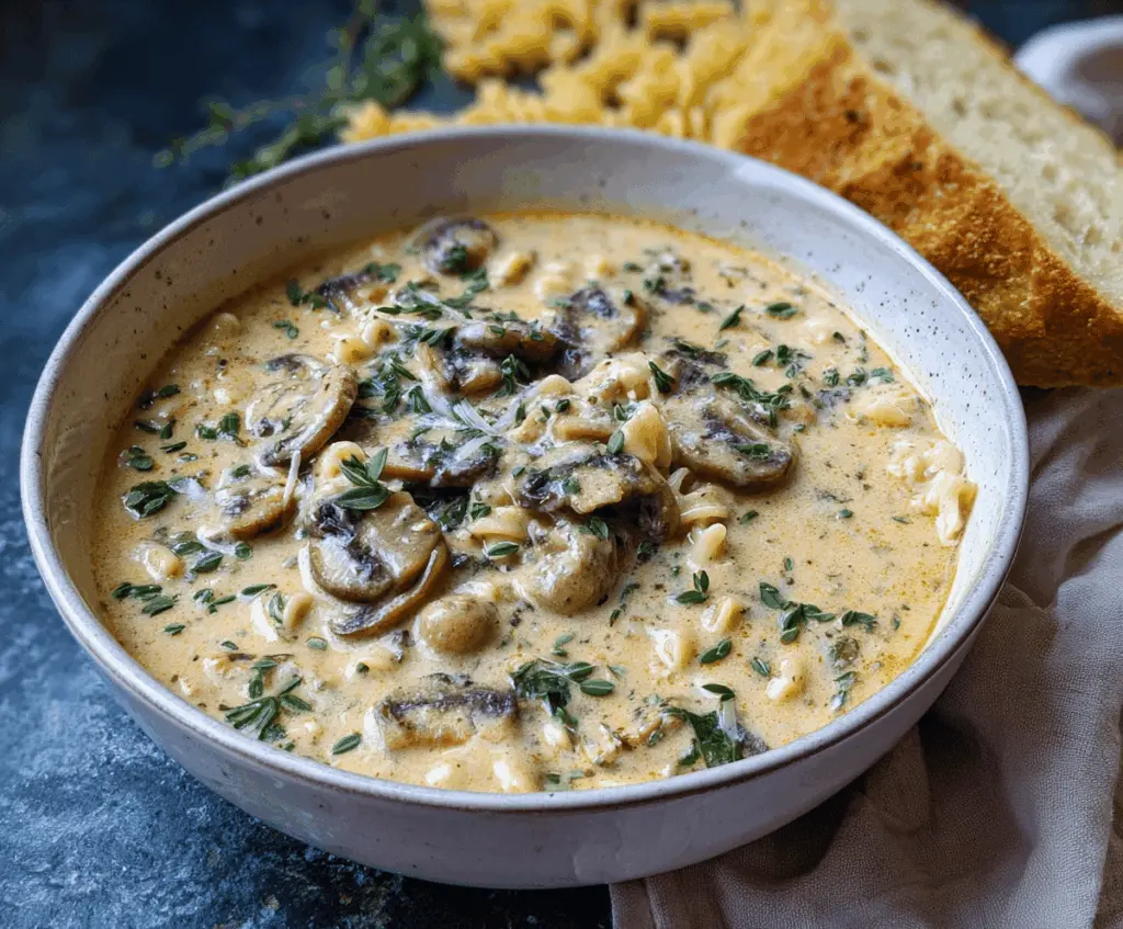A steaming bowl of creamy mushroom lasagna soup topped with melted cheese, fresh herbs, and sliced mushrooms, served in a rustic bowl with crusty bread on the side.