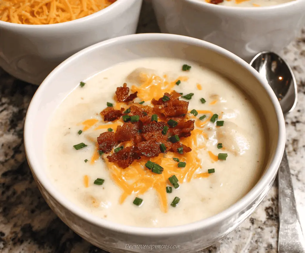 Creamy potato soup garnished with fresh herbs and served in a rustic bowl, perfect for a cozy meal