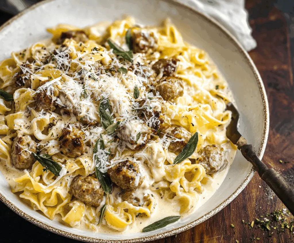 Creamy Sausage Alfredo served over pasta with melted cheese and fresh herbs, showcasing a rich and flavorful Italian-inspired dish.