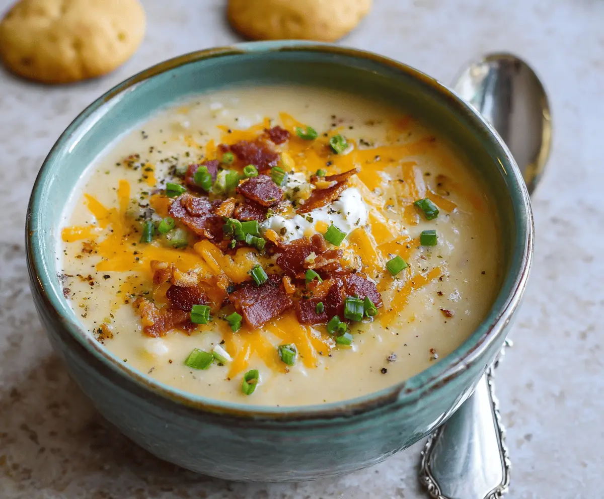 Creamy Crockpot Baked Potato Soup in a bowl topped with shredded cheese, crispy bacon, and chopped green onions, served hot.