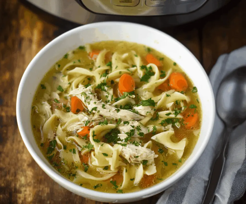Creamy and comforting Crockpot Chicken Noodle Soup with tender chicken, vegetables, and noodles in a flavorful broth