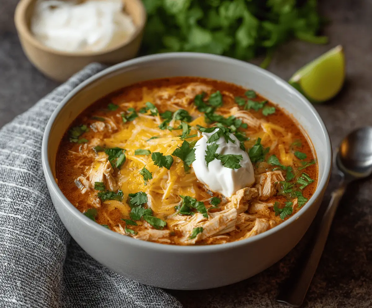 Creamy Crockpot Keto Chicken Taco Soup in a bowl with shredded chicken, cheese, and fresh cilantro, perfect for low-carb meals