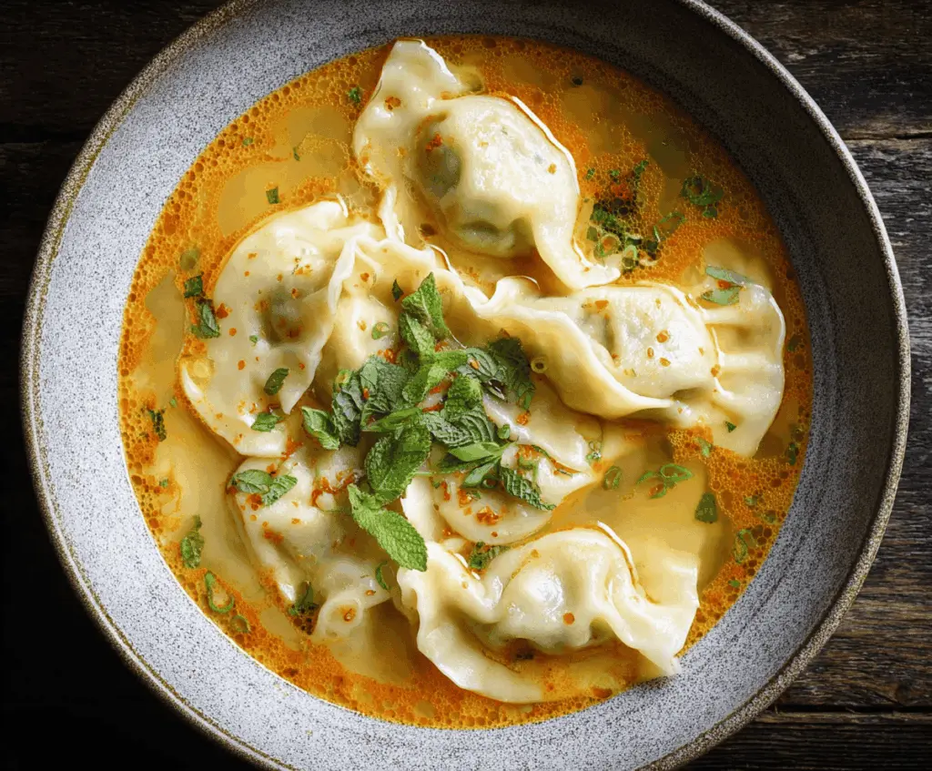 A bowl of hearty curry dumpling soup garnished with fresh herbs, featuring tender dumplings, vibrant vegetables, and a flavorful spicy broth.