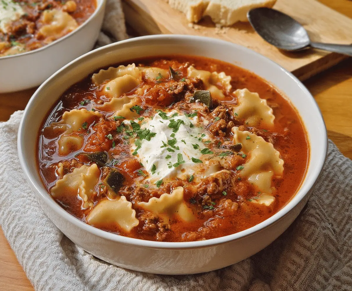 Creamy dairy-free lasagna soup with layers of tomatoes, spinach, and seasoned plant-based cheese in a hearty bowl