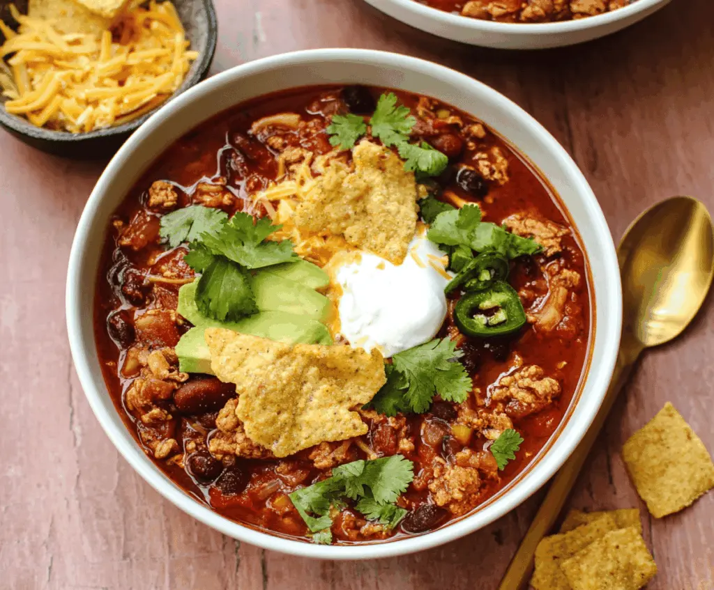 A steaming bowl of hearty enchilada chili topped with melted cheese, garnished with fresh cilantro, served alongside warm tortillas.