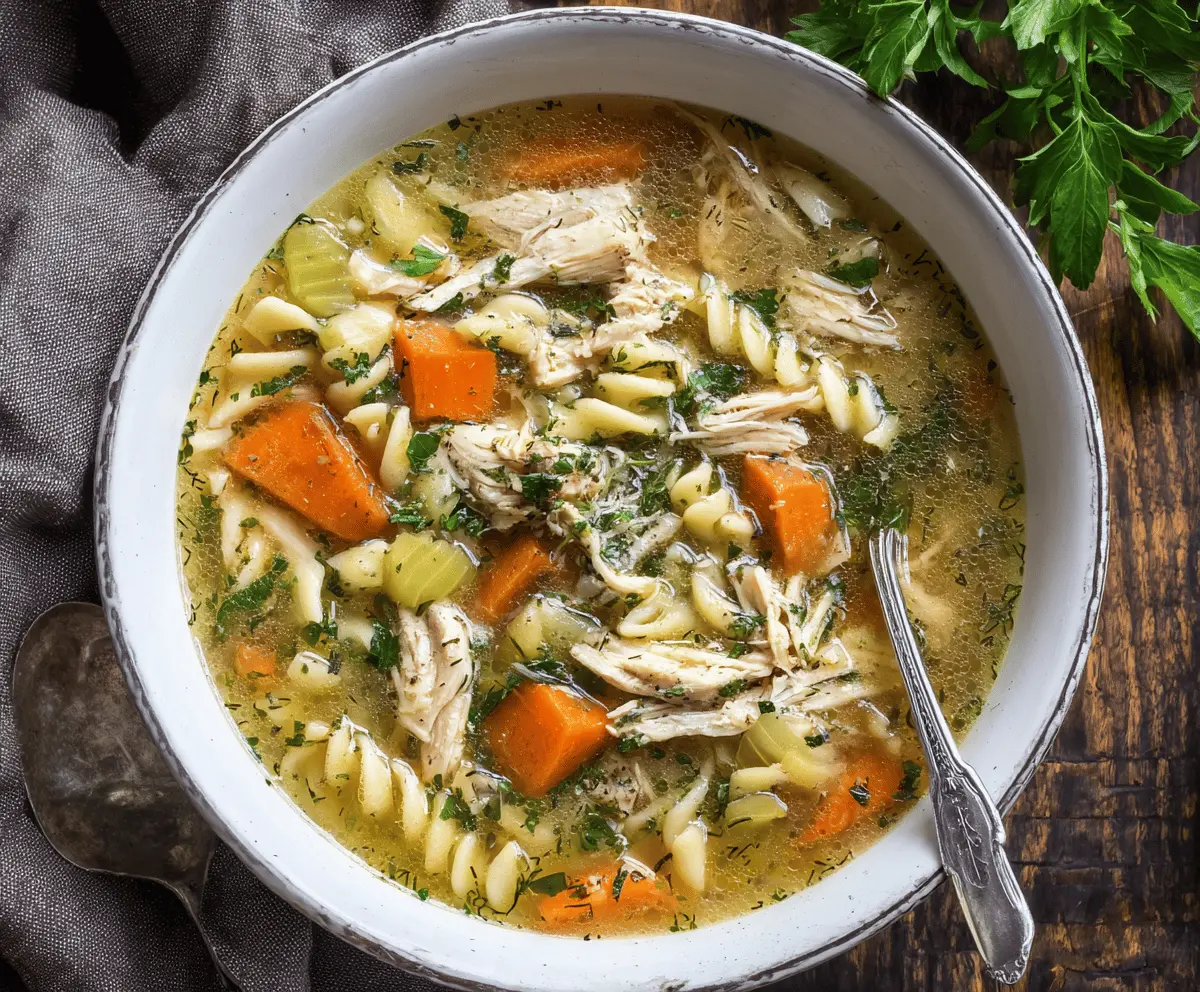 A bowl of hearty garlic herb chicken noodle soup with tender chicken, fresh herbs, vegetables, and pasta, served in a rustic bowl.