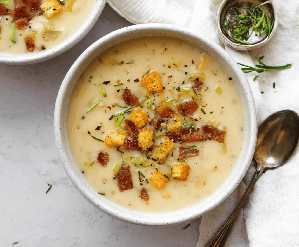 Creamy gluten-free potato soup garnished with fresh herbs in a rustic bowl, perfect for a cozy meal.