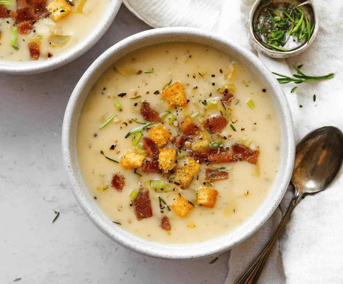 Creamy gluten-free potato soup garnished with fresh herbs in a rustic bowl, perfect for a cozy meal.