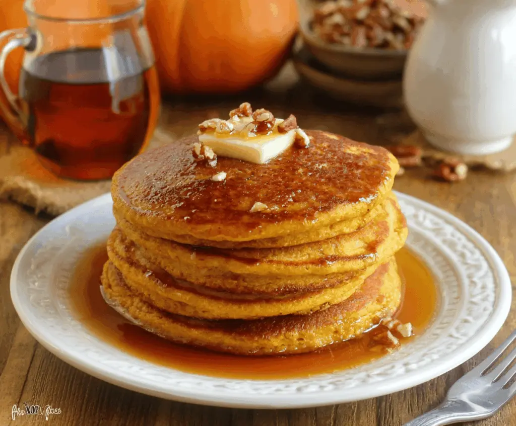 Delicious gluten-free pumpkin pancakes topped with syrup and fresh whipped cream on a plate, perfect for fall breakfast