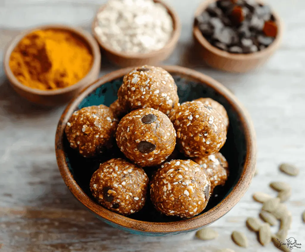 Delicious gluten-free pumpkin protein balls on a white plate, perfect for healthy snacking and packed with protein and seasonal pumpkin flavor.