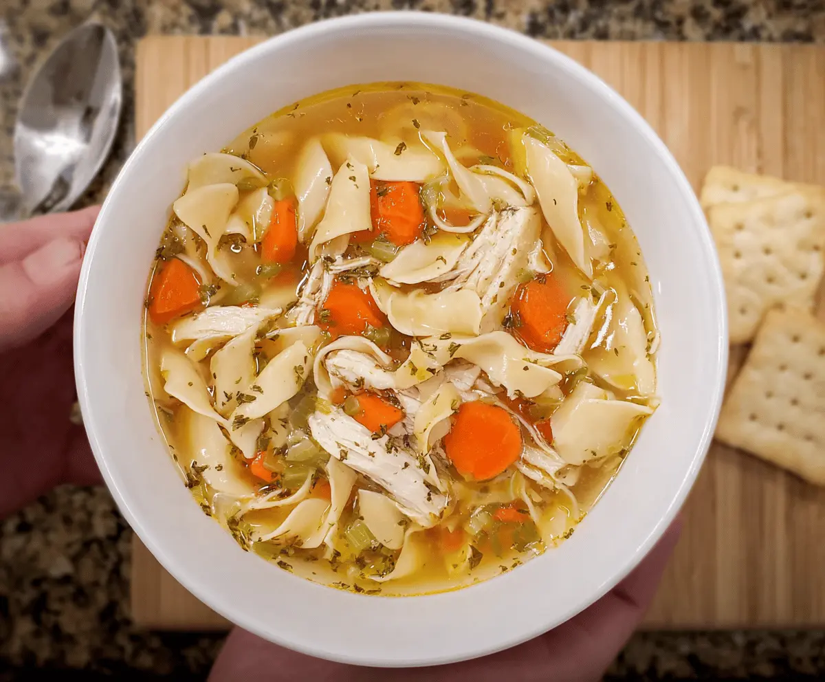 A steaming bowl of Grandma’s Chicken Noodle Soup with tender chicken, colorful vegetables, and hearty noodles, served in a rustic bowl on a wooden table.