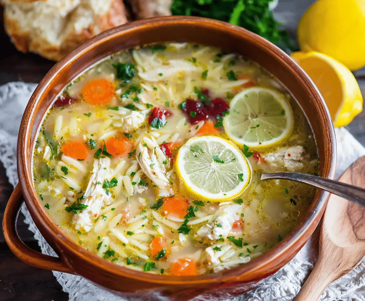 A steaming bowl of Greek Lemon Orzo Chicken Soup garnished with fresh herbs and lemon slices, showcasing tender chicken, orzo pasta, and vibrant lemon flavor.