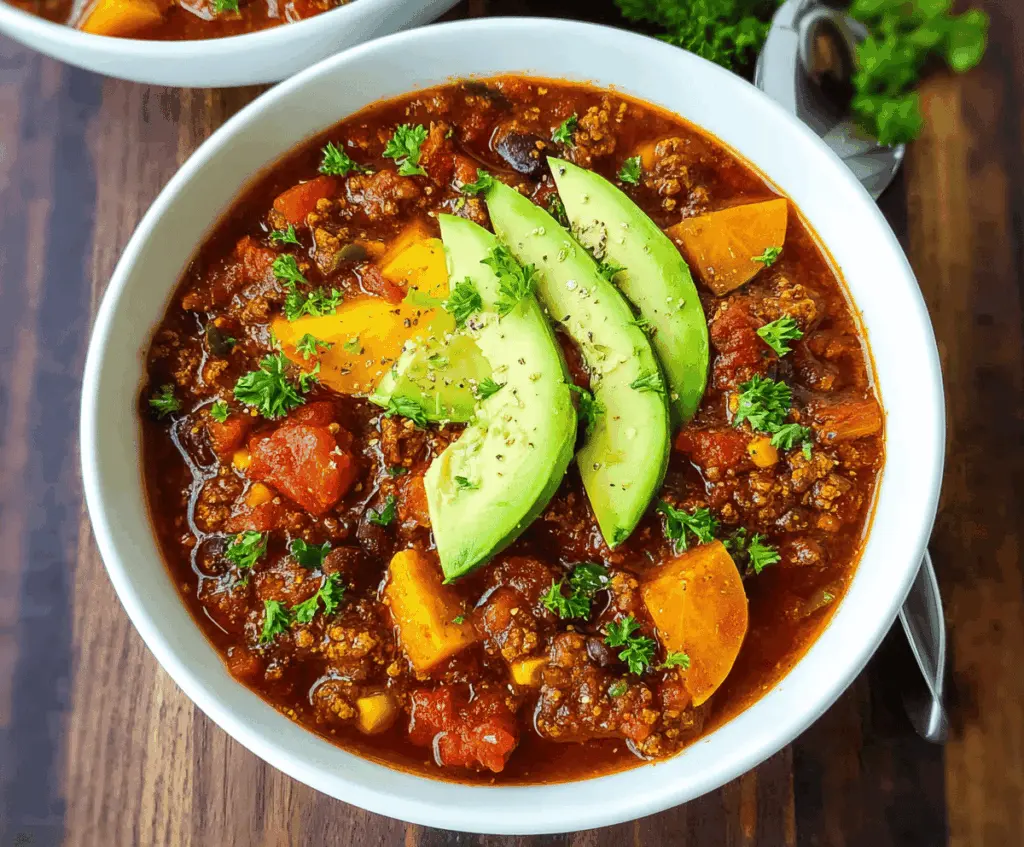 Delicious healthy chili in a bowl topped with fresh herbs, featuring beans, tomatoes, and vegetables for a nutritious meal.