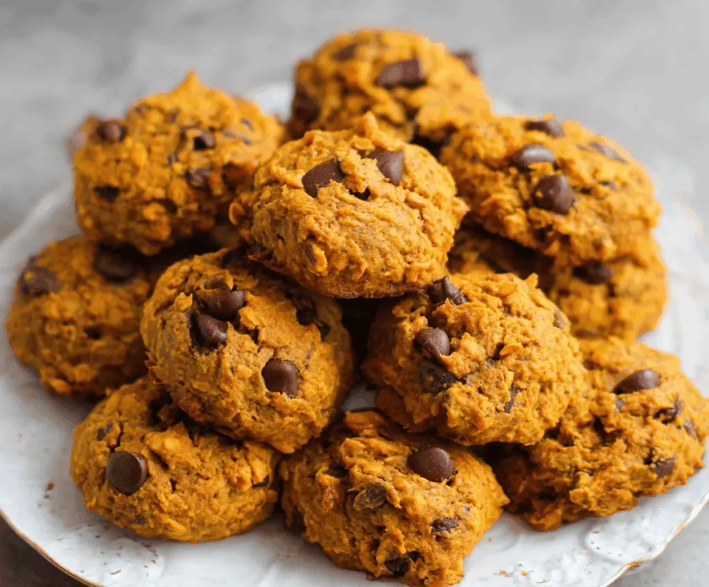 Delicious homemade healthy pumpkin cookies topped with walnuts on a rustic wooden table, perfect for fall snacking.